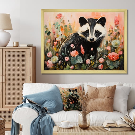 Designart "Playful Skunk in Black Floral Meadows I" Animals Framed Wall Art Decor - Modern Farmhouse Black Skunk Bedroom Framed Canvas Wall Art