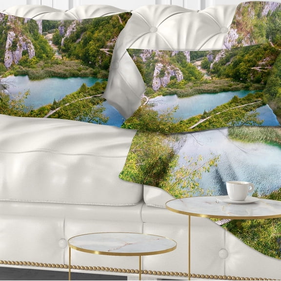 Designart Plitvice Lakes Long View - Landscape Photo Throw Pillow - 12x20