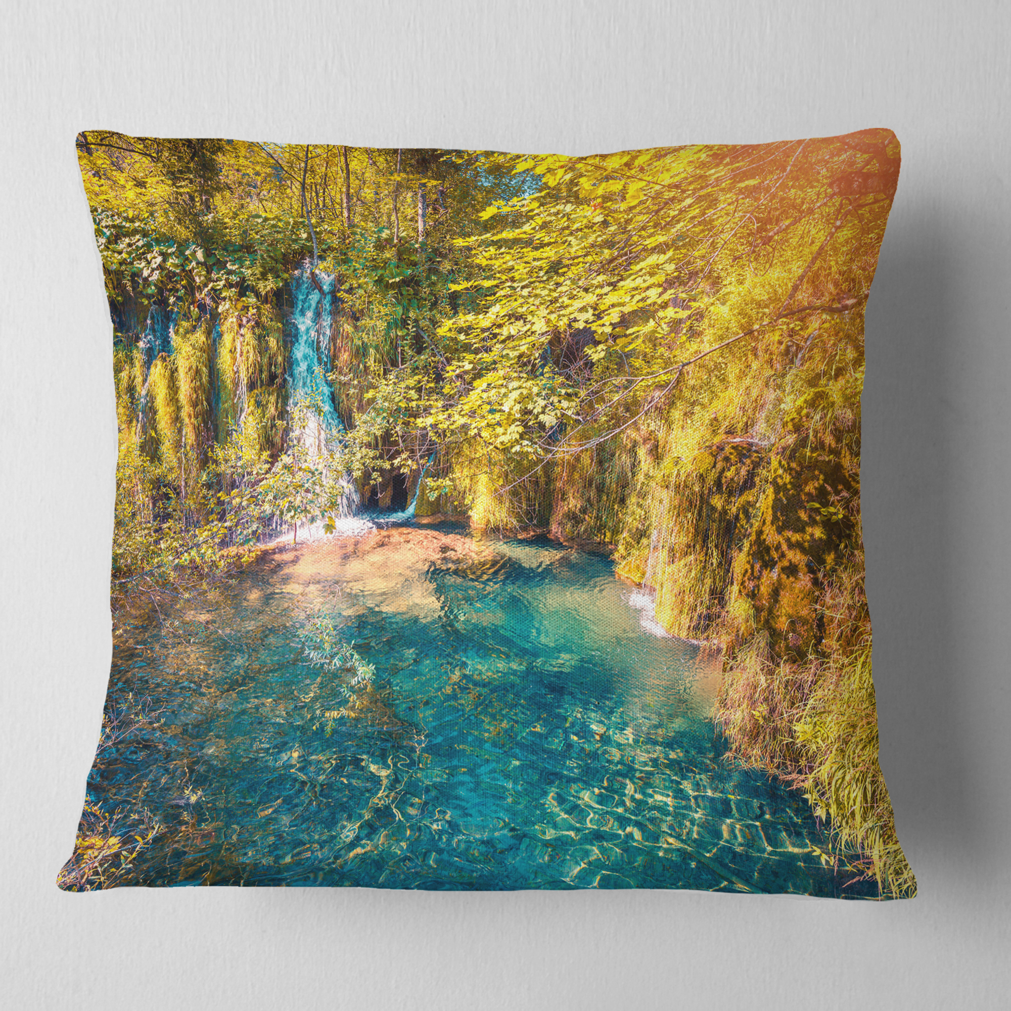 Designart Plitvice Lakes National Park - Landscape Printed Throw Pillow - 16x16