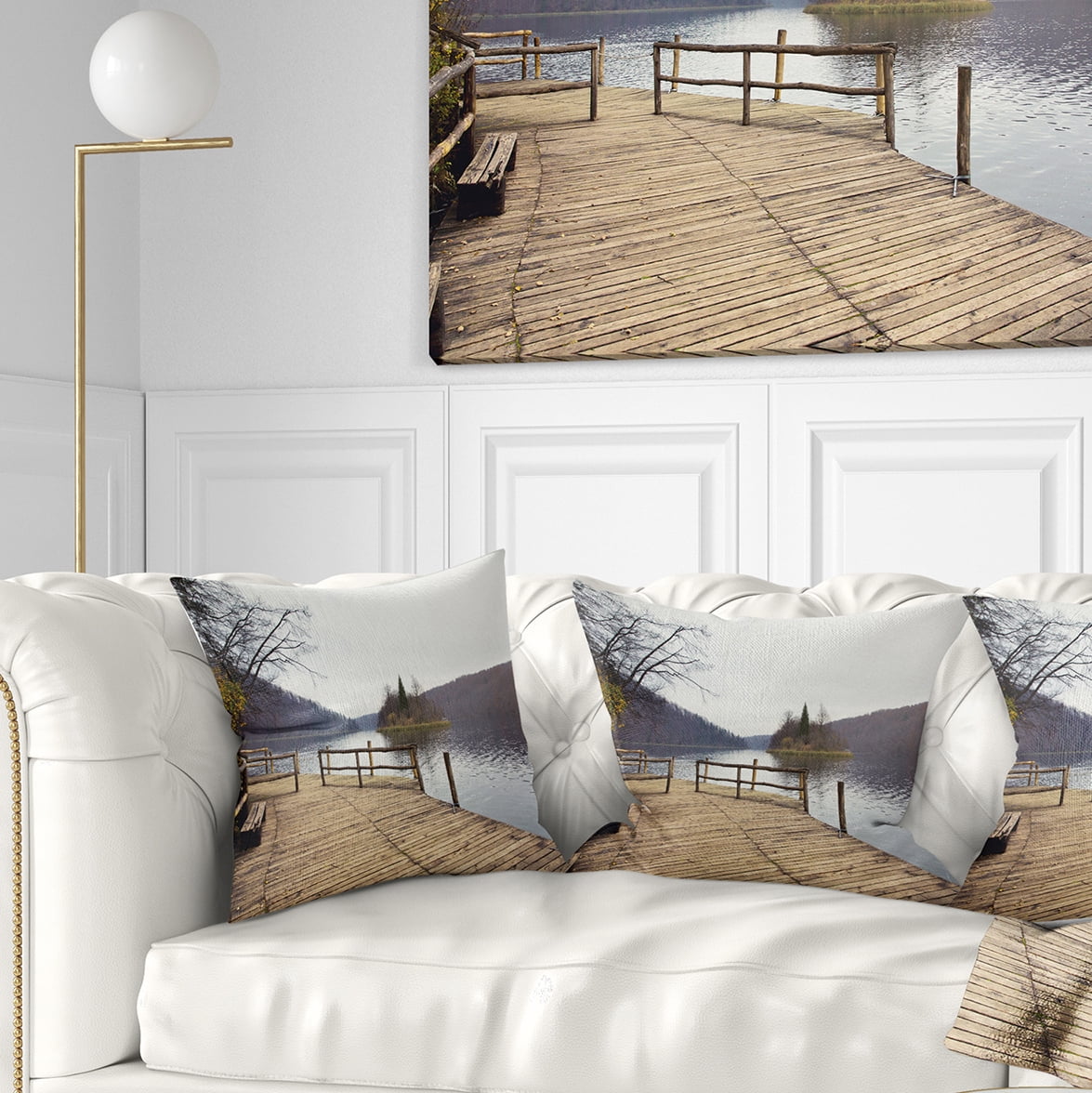 Designart Plitvice Lakes Wooden Bridge - Landscape Photo Throw Pillow - 16x16