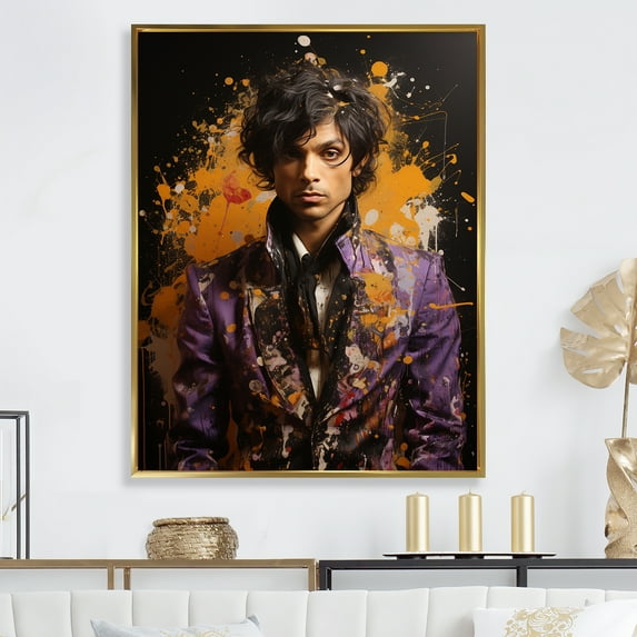 Designart "Plum Pop Art Portrait Of Prince" Pop Art Floater Framed Wall Art Prints