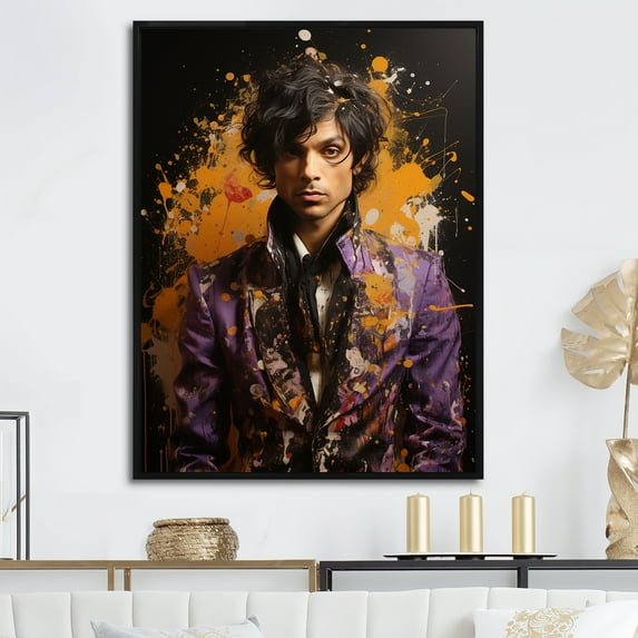 Designart "Plum Pop Art Portrait Of Prince" Pop Art Floater Framed Wall Art Prints