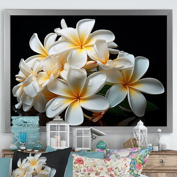 Designart "Plumeria Essence White Floral Purity II" Floral Framed Wall Art Decor - Traditional White Plumeria Living Room Framed Canvas Art