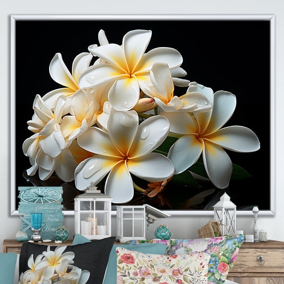 Designart "Plumeria Essence White Floral Purity II" Floral Framed Wall Art - Traditional White Plumeria Living Room Framed Canvas Art