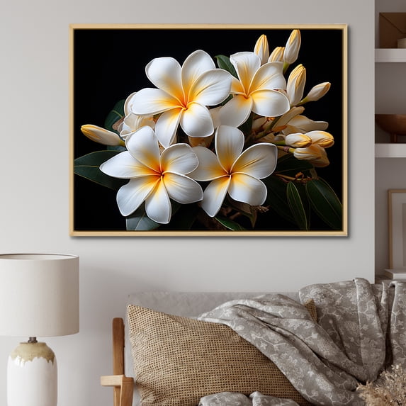 Designart "Plumeria Essence White Floral Purity III" Floral Framed Wall Art - Traditional White Plumeria Bedroom Framed Canvas Wall Art