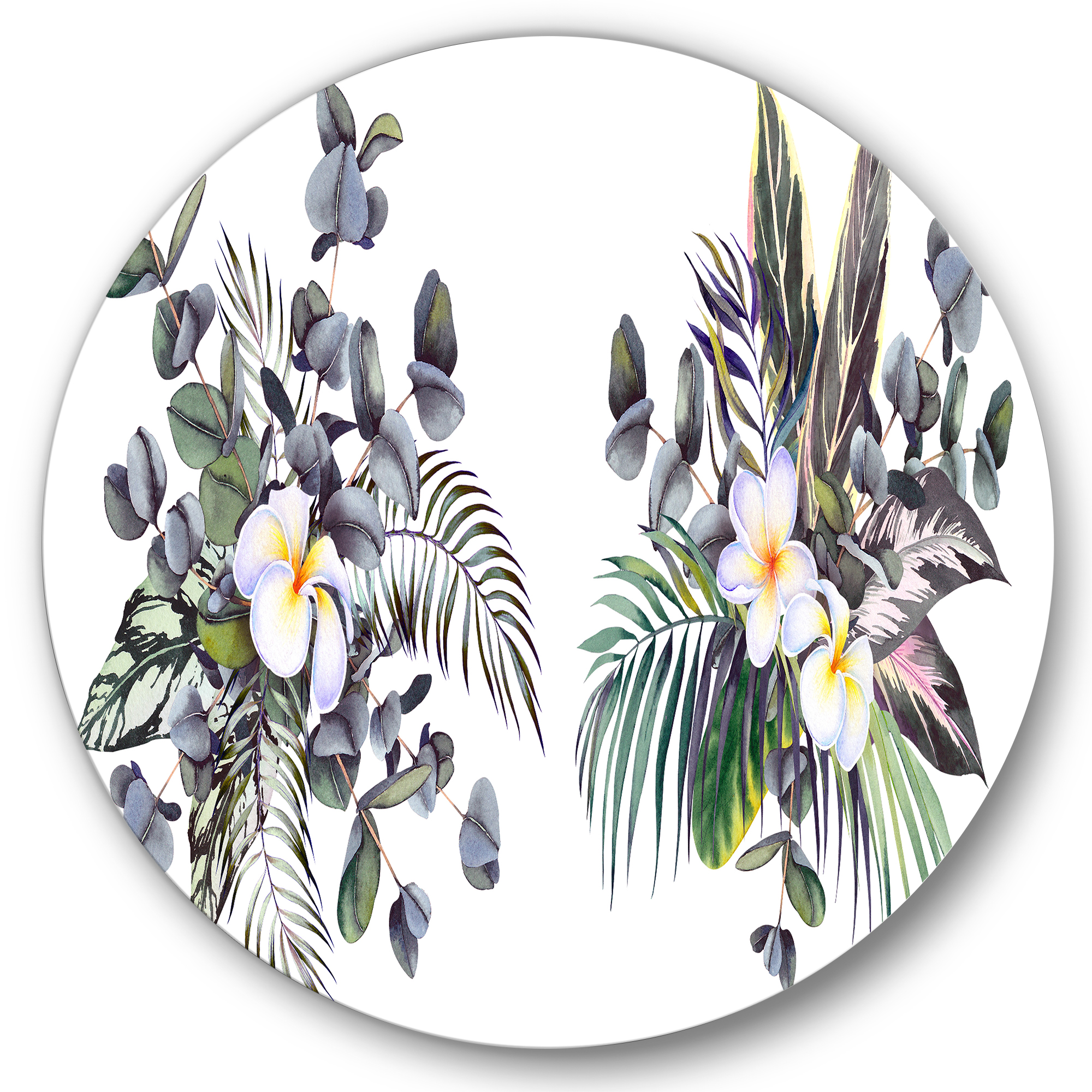 Designart 'Plumeria Frangipani Flowers With Tropical Bouquets' Traditional Circle Metal Wall Art 23x23 - Disc of 23