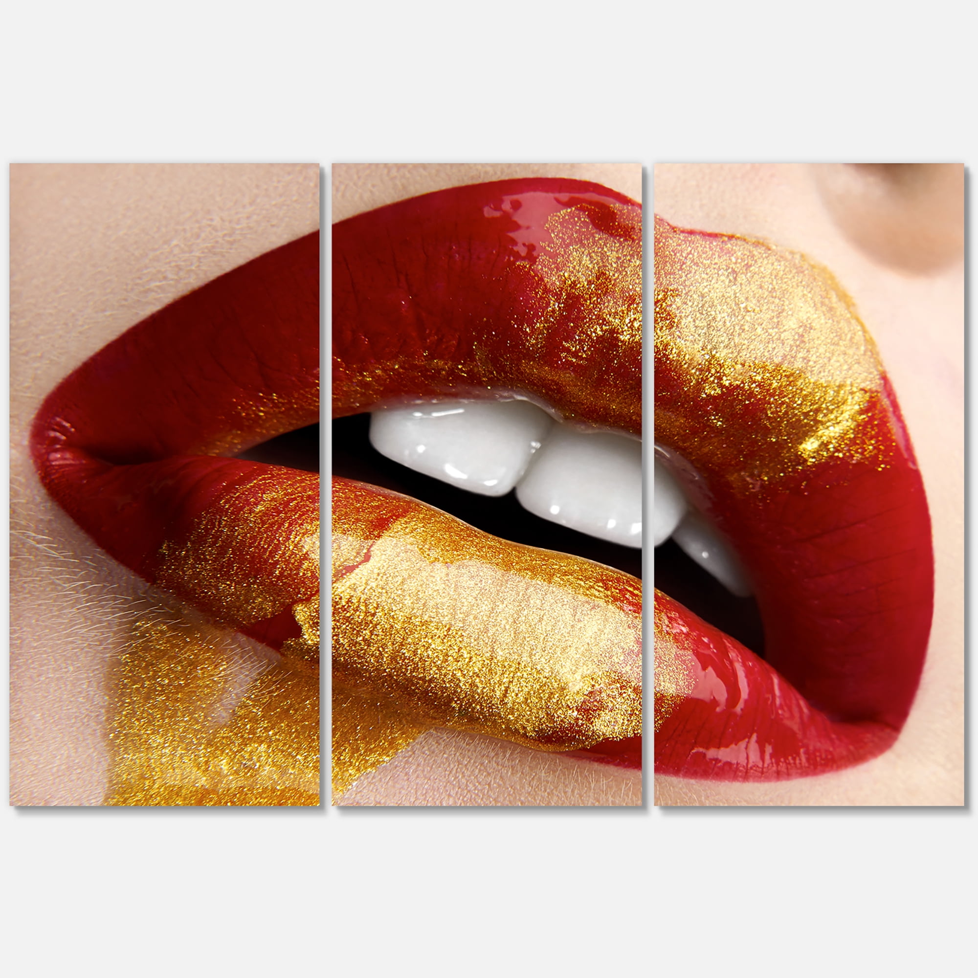 Designart ' Plump Woman Lips With Gold and Red ' Modern Canvas Wall Art Print