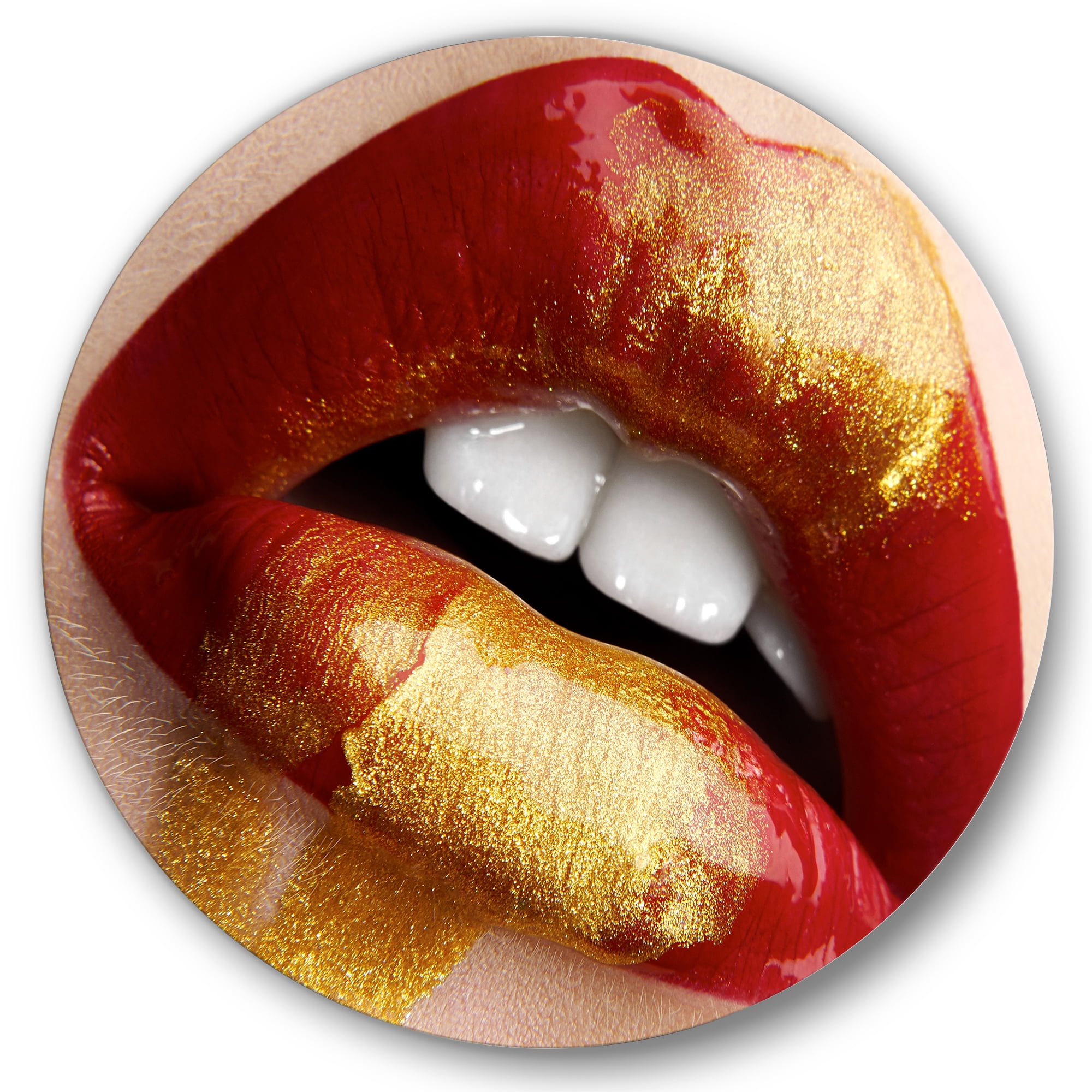 Designart 'Plump Woman Lips With Gold and Red' Modern Circle Metal Wall Art 23x23 - Disc of 23