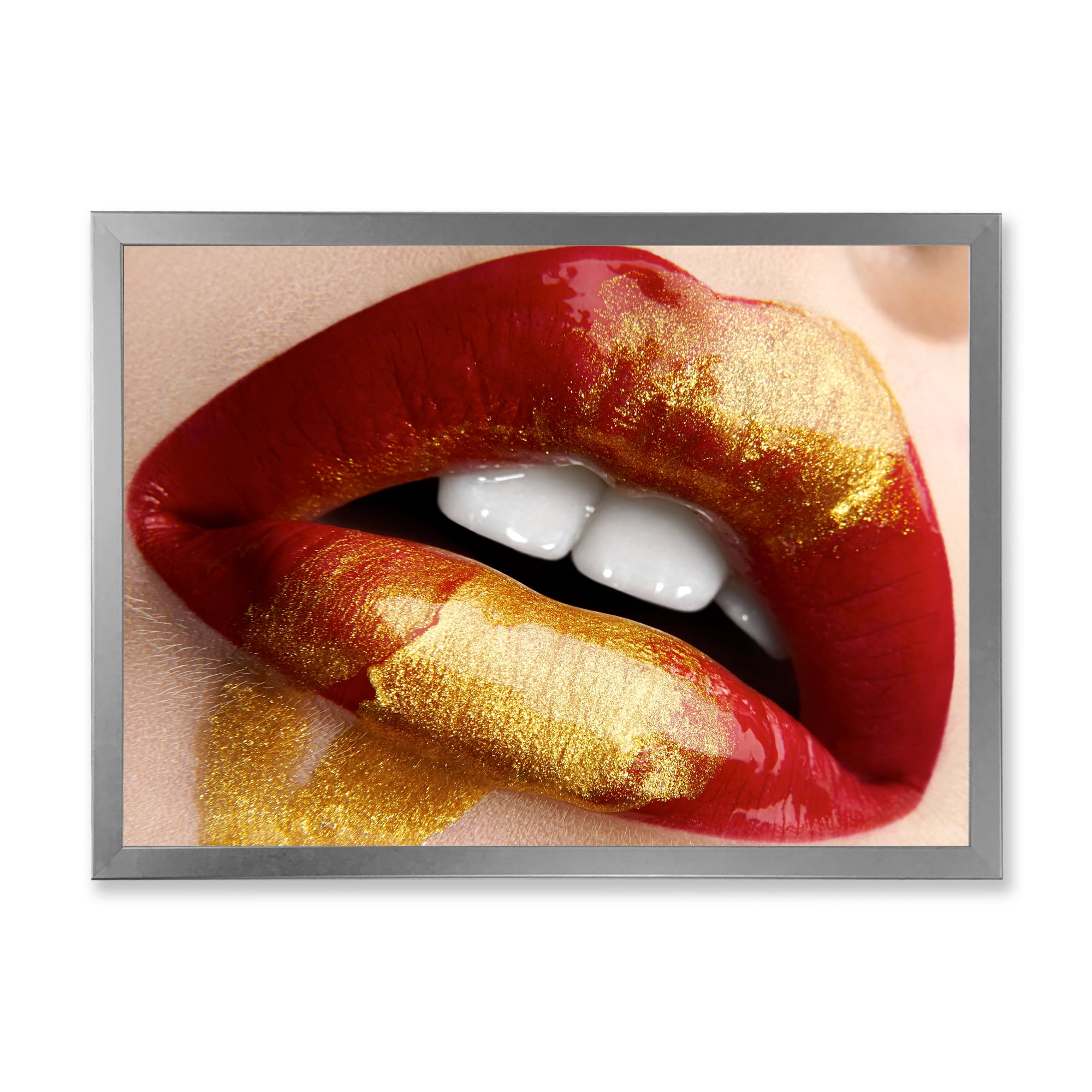 Designart 'Plump Woman Lips With Gold and Red' Modern Framed Art Print