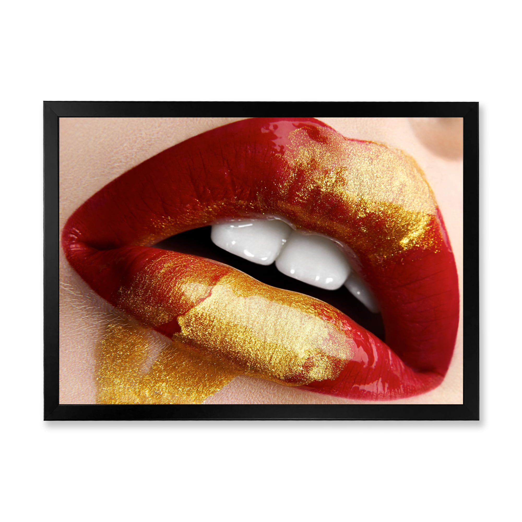 Designart 'Plump Woman Lips With Gold and Red' Modern Framed Art Print