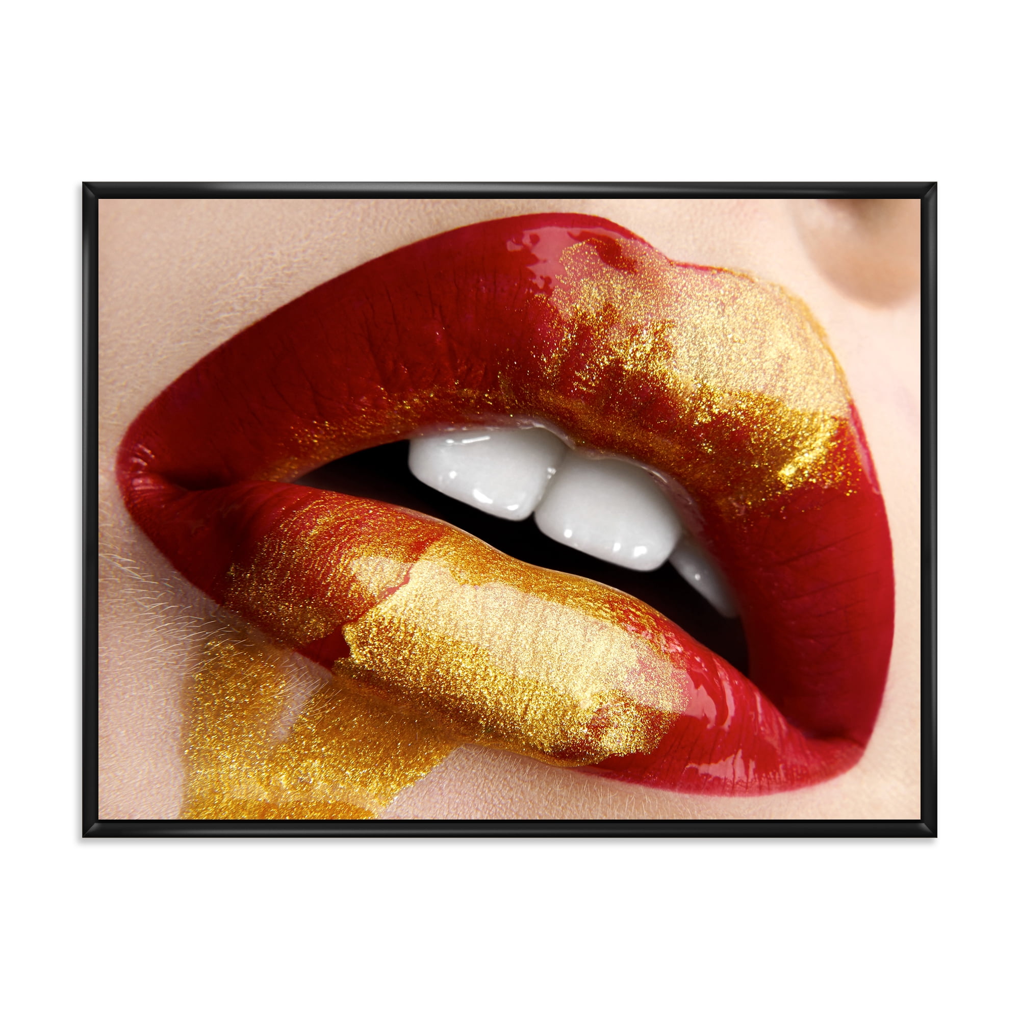 Designart 'Plump Woman Lips With Gold and Red' Modern Framed Canvas Wall Art Print