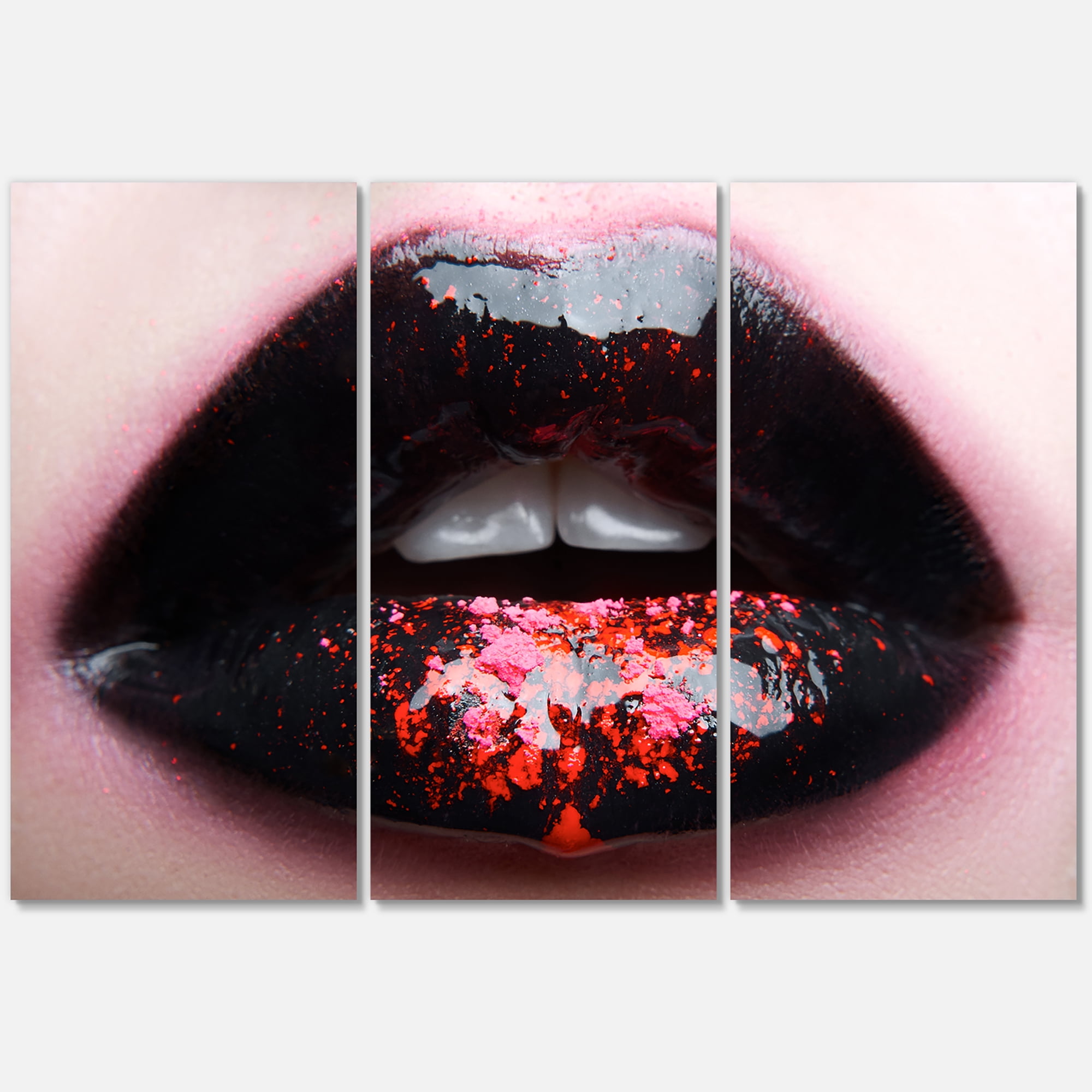 Designart ' Plump Woman Lips With Pink and Black ' Modern Canvas Wall Art Print