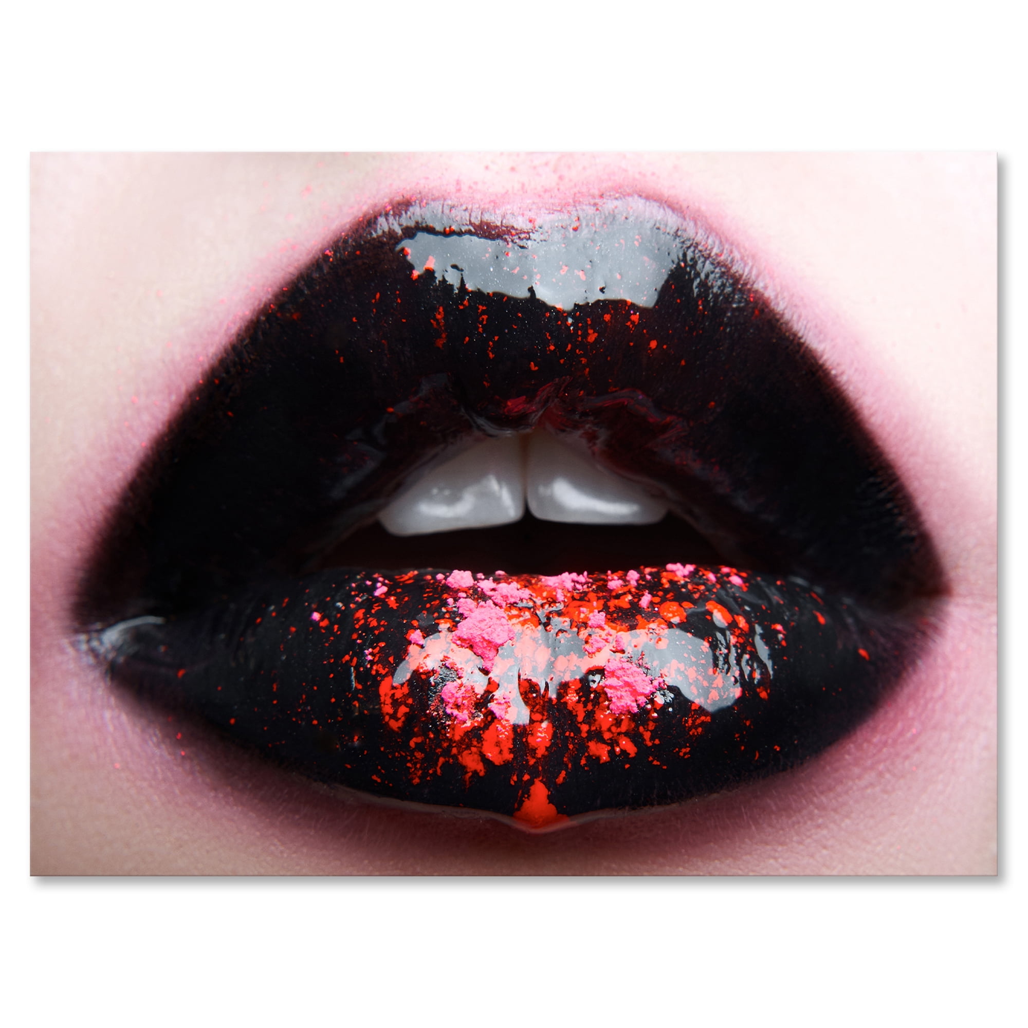 Designart ' Plump Woman Lips With Pink and Black ' Modern Canvas Wall Art Print
