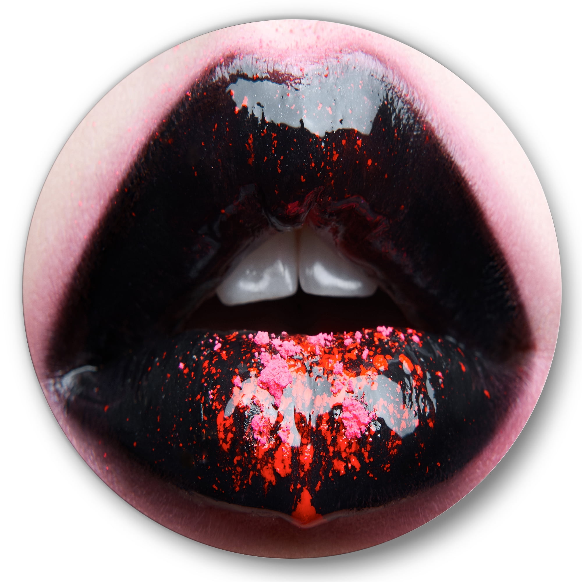 Designart 'Plump Woman Lips With Pink and Black' Modern Circle Metal Wall Art 29x29 - Disc of 29
