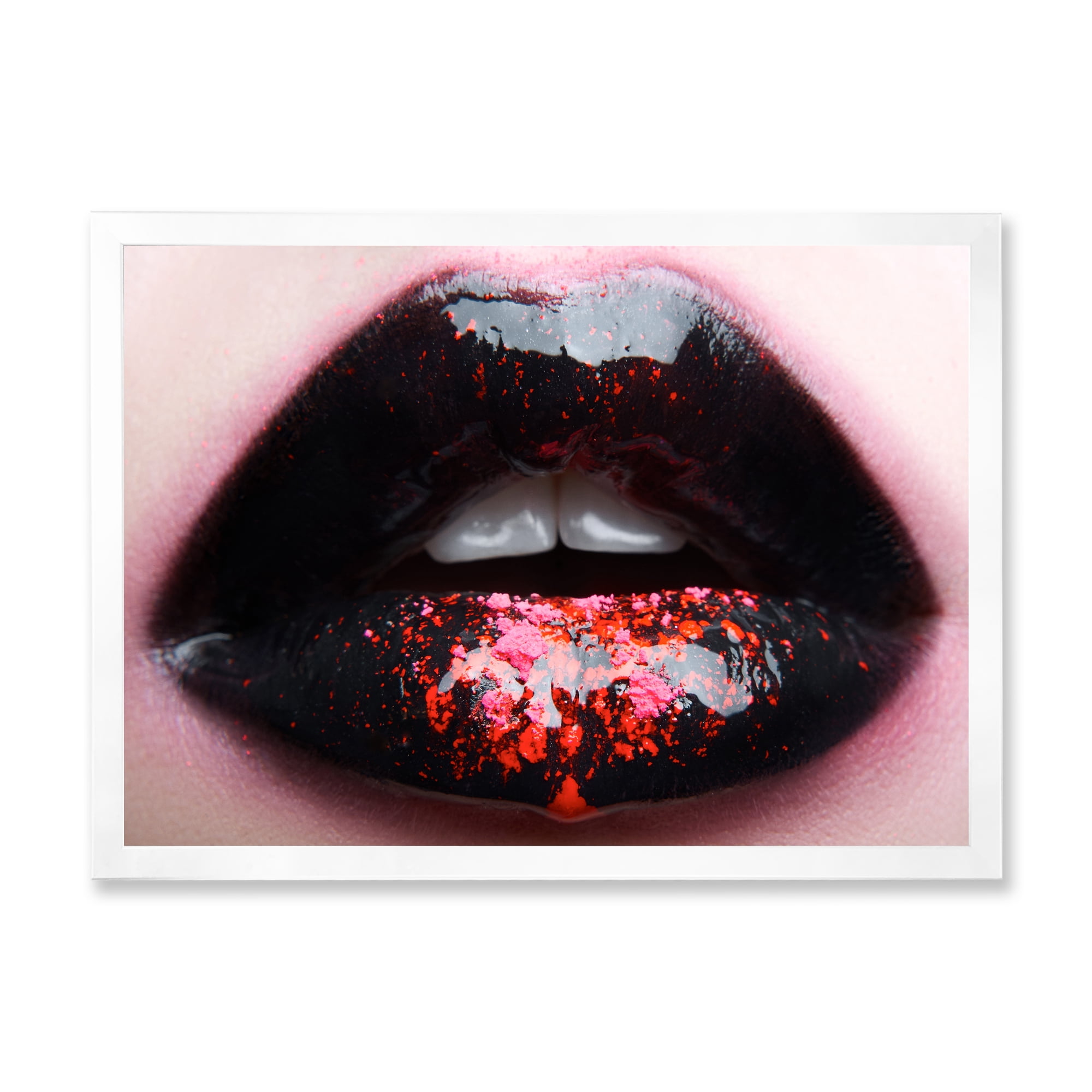 Designart 'Plump Woman Lips With Pink and Black' Modern Framed Art Print