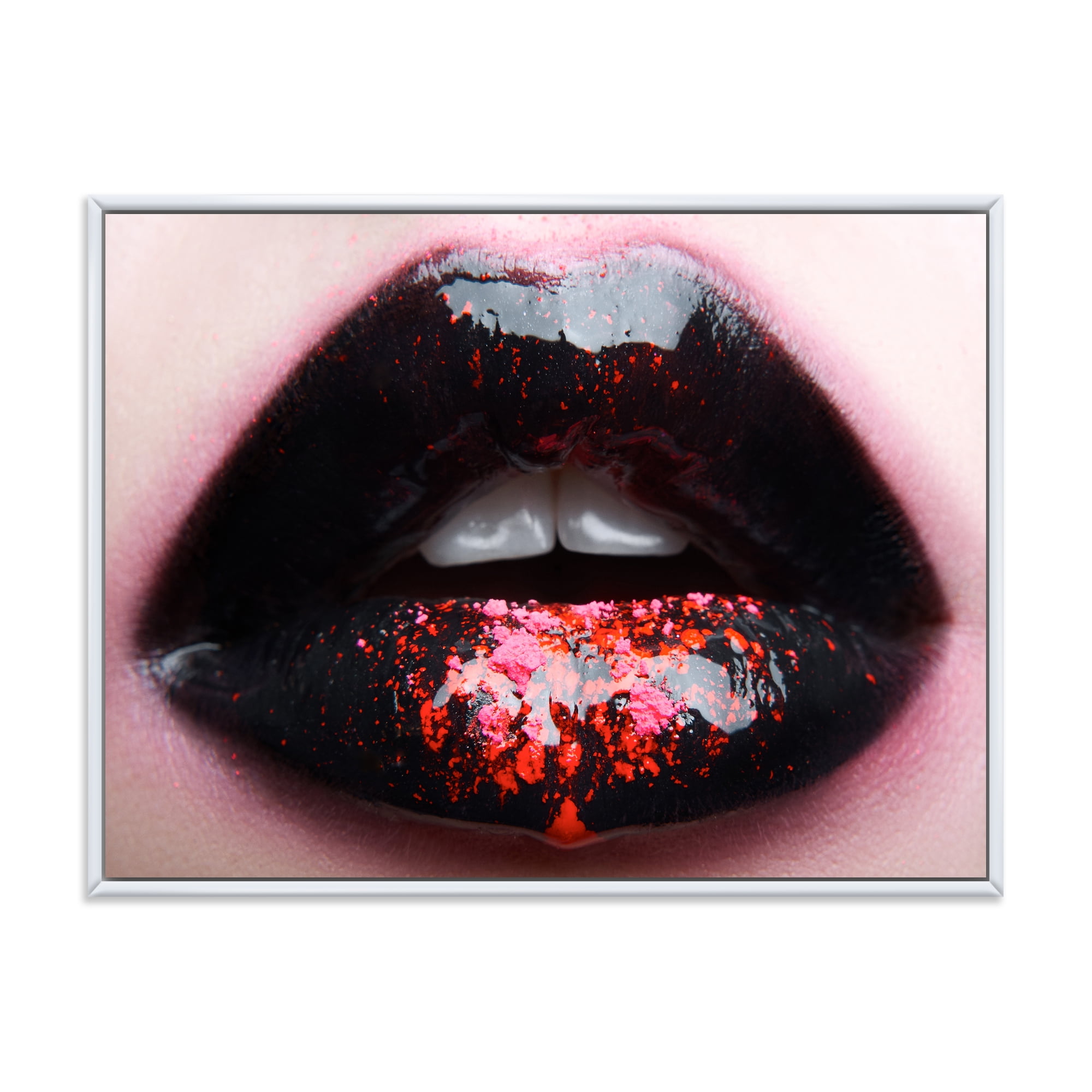 Designart 'Plump Woman Lips With Pink and Black' Modern Framed Canvas Wall Art Print