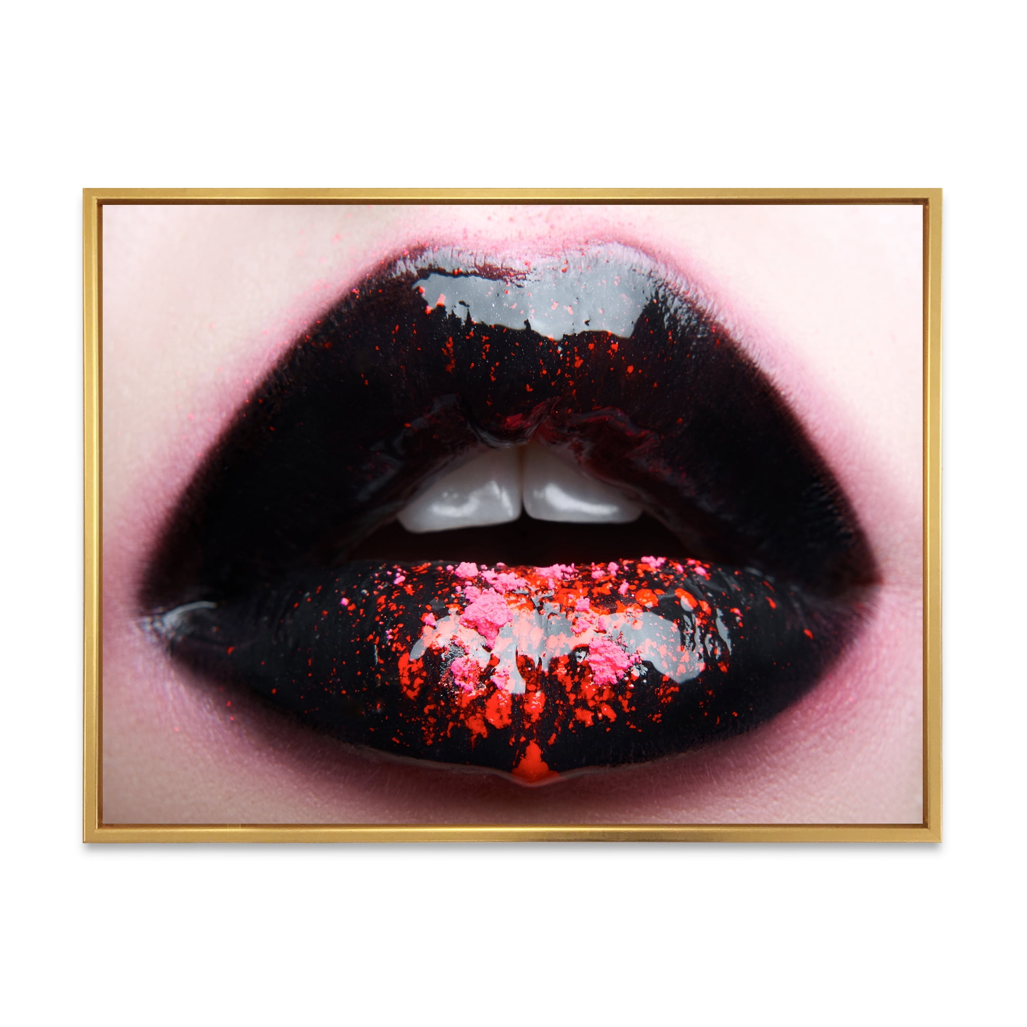 Designart 'Plump Woman Lips With Pink and Black' Modern Framed Canvas Wall Art Print
