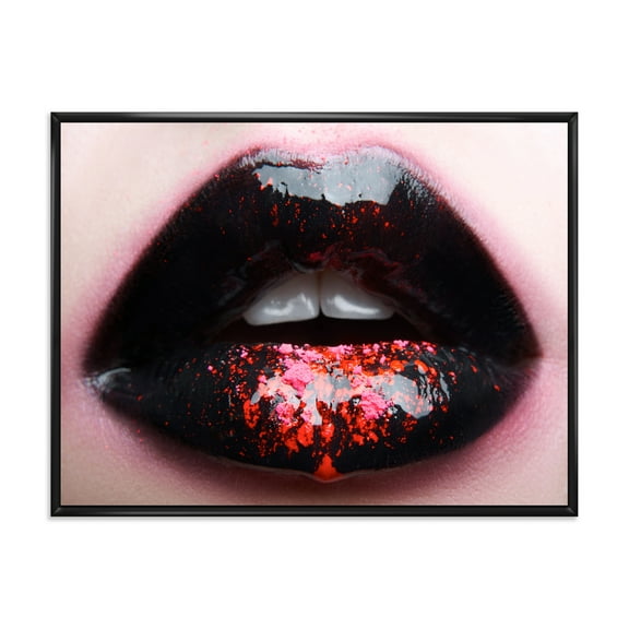 Designart 'Plump Woman Lips With Pink and Black' Modern Framed Canvas Wall Art Print