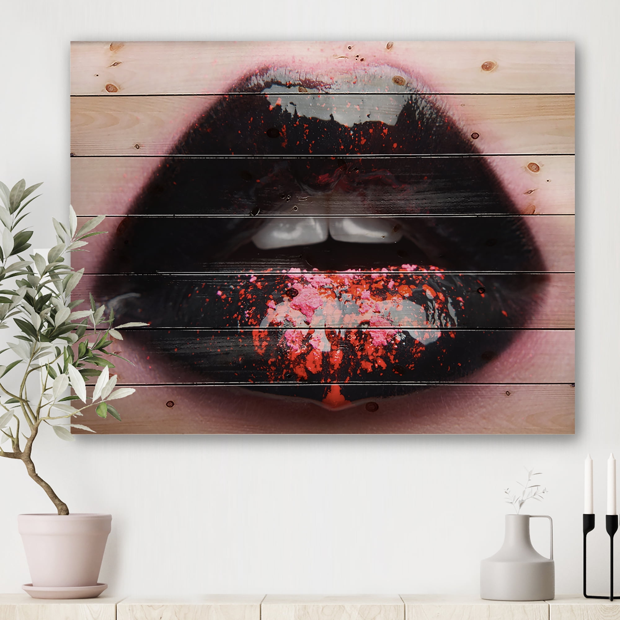 Designart 'Plump Woman Lips With Pink and Black' Modern Print on Natural Pine Wood