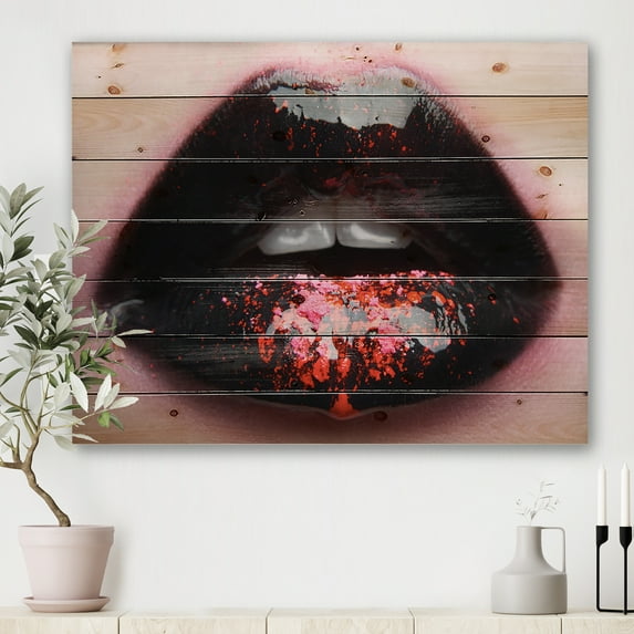 Designart 'Plump Woman Lips With Pink and Black' Modern Print on Natural Pine Wood