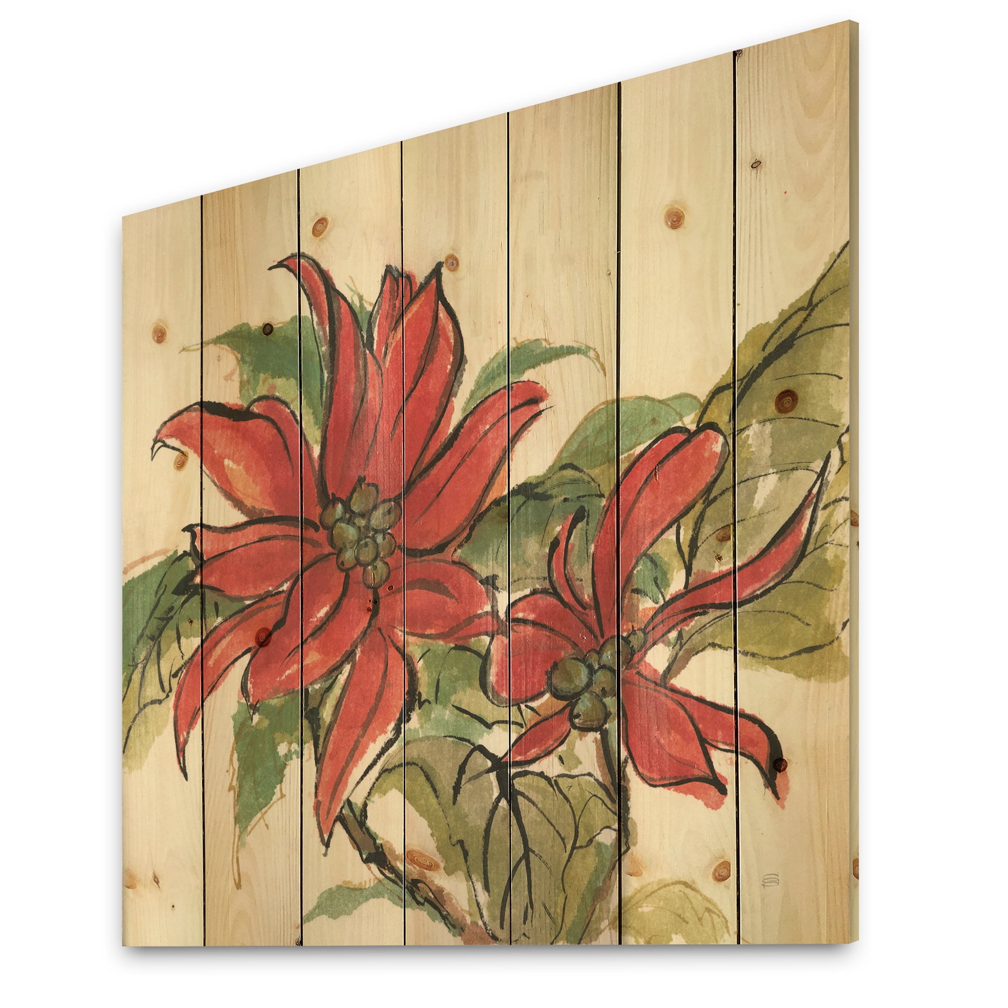 Designart 'Poinsettia II' Farmhouse Print on Natural Pine Wood