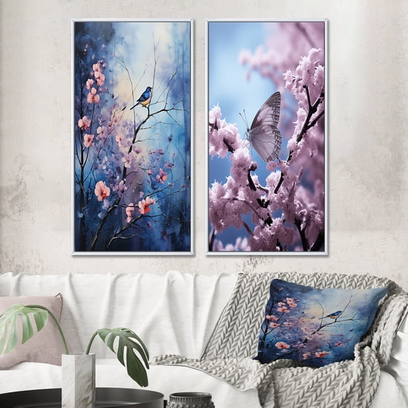 Designart "Pointillism Art of Enchanted Winter Frost I" Forest Winter Framed Wall Art Set Of 2 - Pink Landscapes Frame Gallery Set For Office Decor
