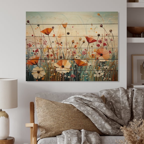 Designart "Pointillism Dot Art of Wildflowers Field II" Floral Print on Natural Pine Wood
