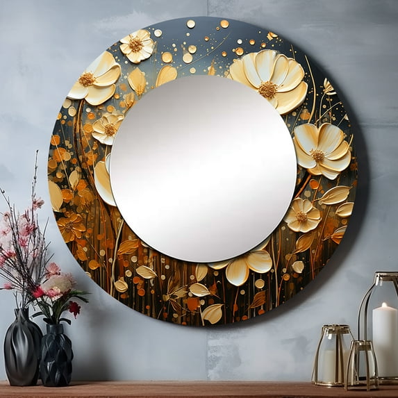 Designart "Pointillism Dot Artistry Golden Petals in Wildflowers" Floral Yellow Large Round Mirror - Round Mirror Wall Décor - Traditional Round Printed Mirror 23" x 23" Inch
