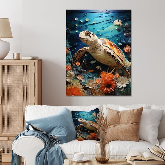 Designart "Pointillist Coastal Creatures Turtle" Animals Turtle Metal Wall Art Prints