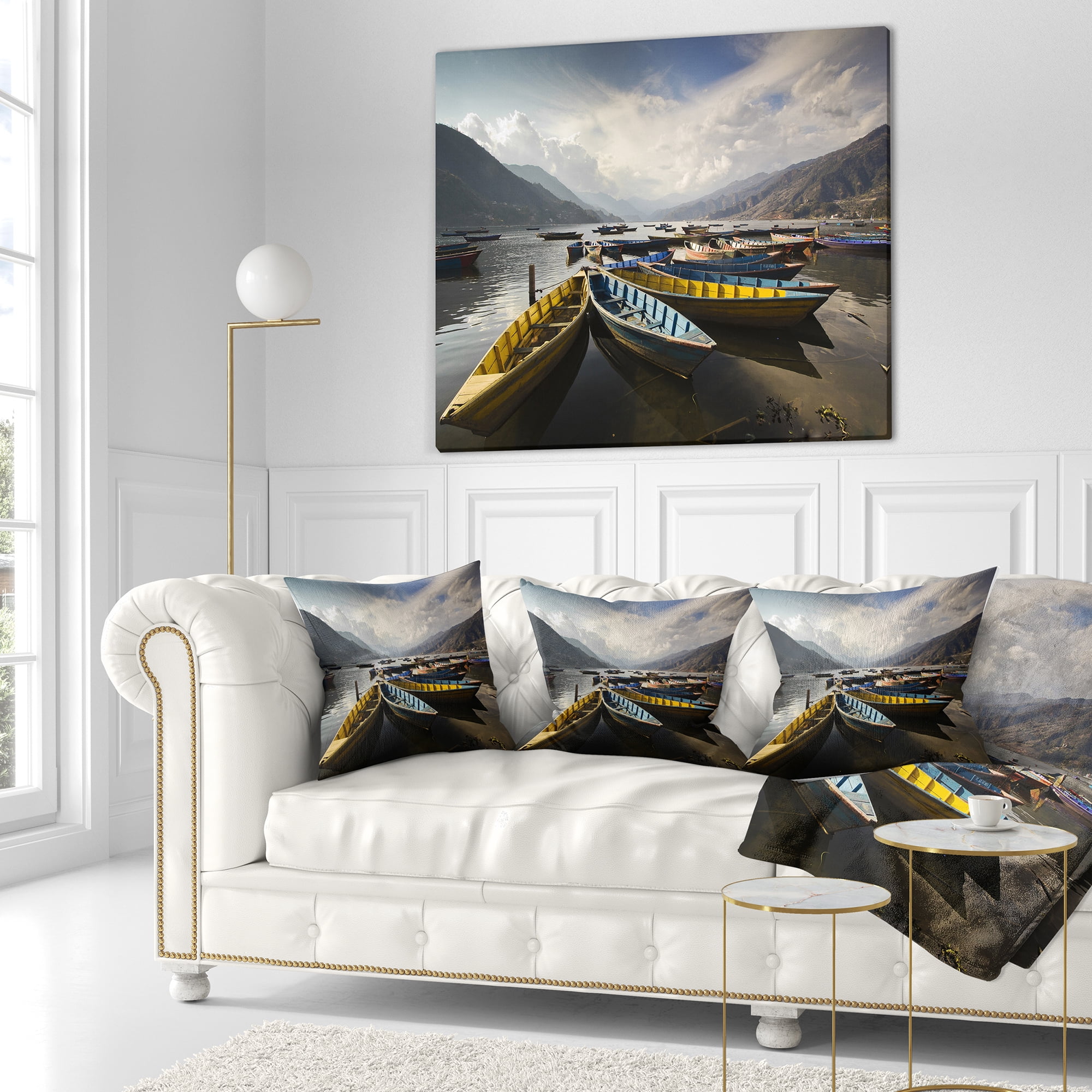 Designart Pokhara Lakeside Boats - Boat Throw Pillow - 16x16