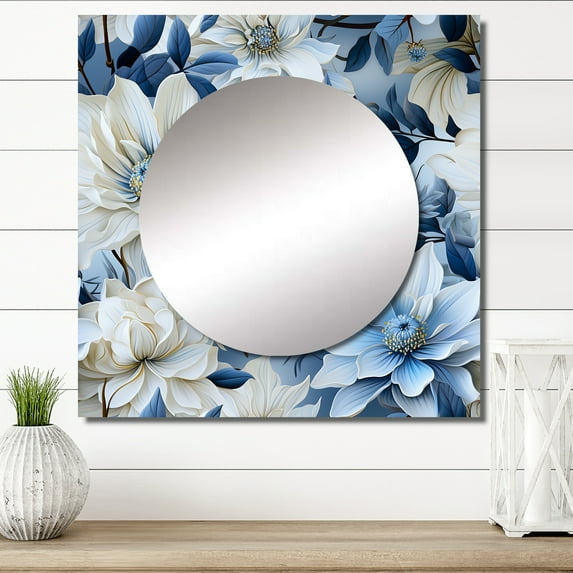 Designart "Polar Botanical Beauty I" Floral Square Mirror Wall Decor Cottage - Large Blue Square Bathroom Mirror - Square Printed Wall Mirror Art