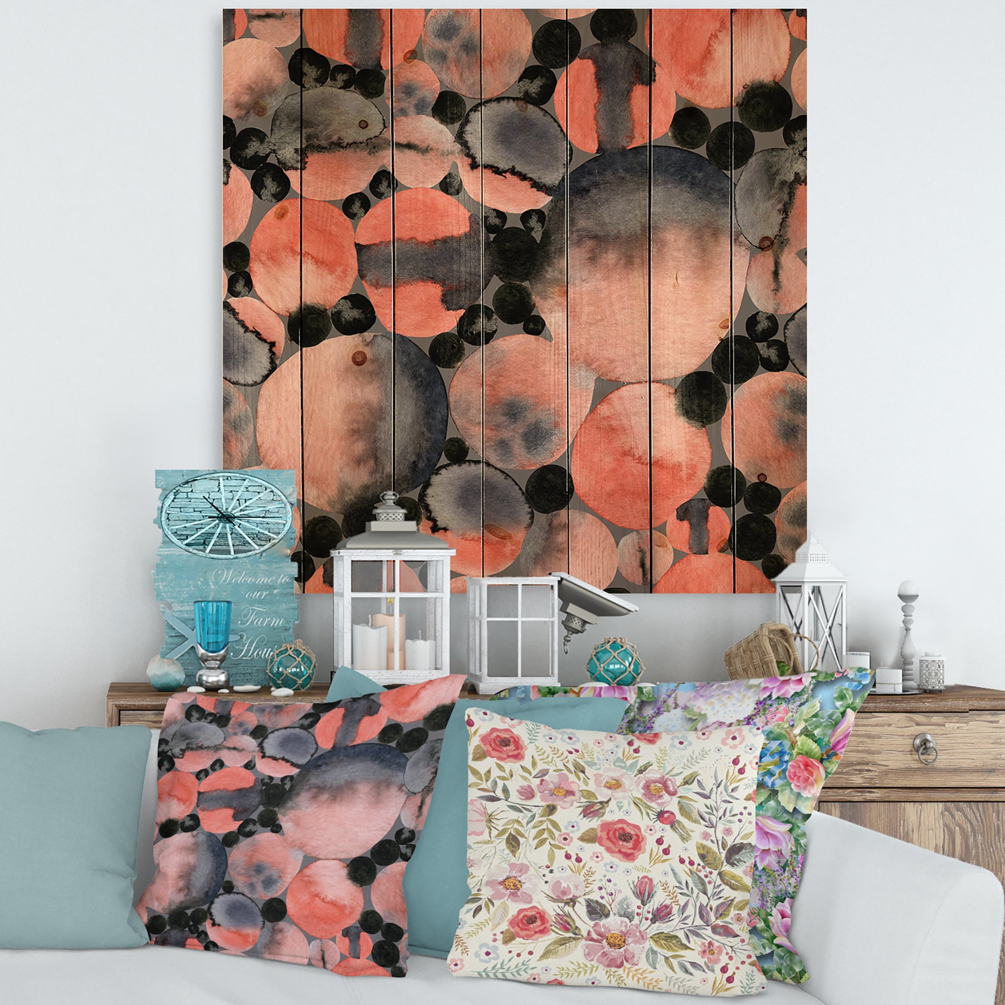 Designart 'Polka Dots Abstract Geometric Art' Modern Print on Natural Pine Wood