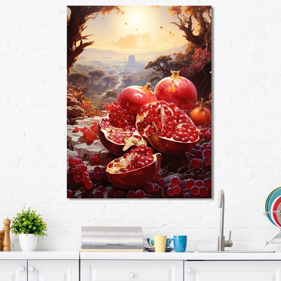 Designart "Pomegranate Prophecy In Mystic Maroon" Fruits Canvas Wall Art