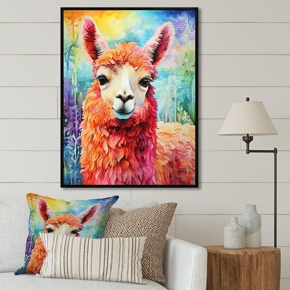 Designart "Pop Art Alpaca Wool Elegance III" Animals Framed Wall Art - Traditional Pink Alpaca Living Room Framed Canvas Art