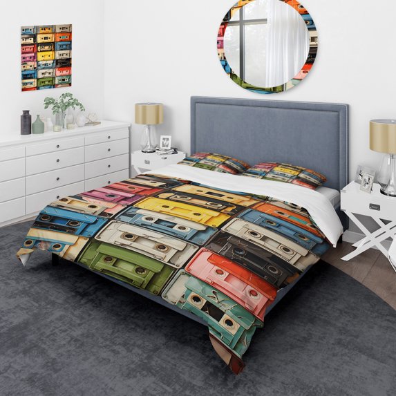Designart "Pop Art Cassette Collection X" Entertainment Bedding Covert Set - Cassette Tapes Multi-Color Fashion Bed Set With 1 Sham