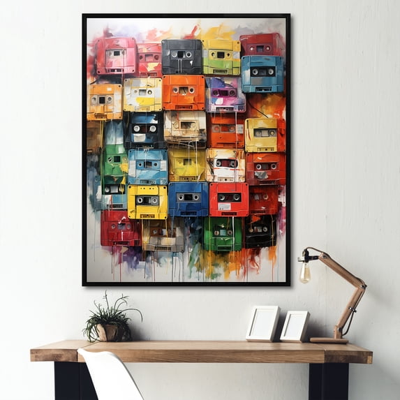 Designart "Pop Art Cassette Melody I" Fashion Framed Wall Art - Modern Red Cassette Tapes Hallway Framed Wall Art Decor