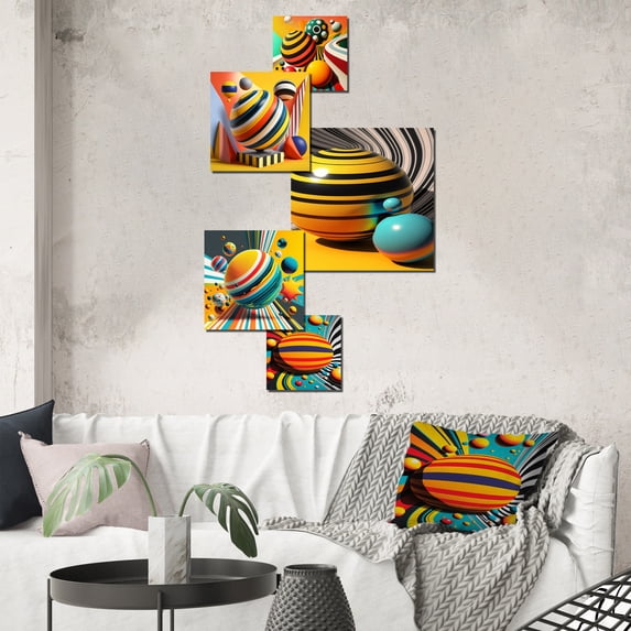 Designart "Pop Art Colorful Spheres II" Modern Geometric Metal Art Print Set