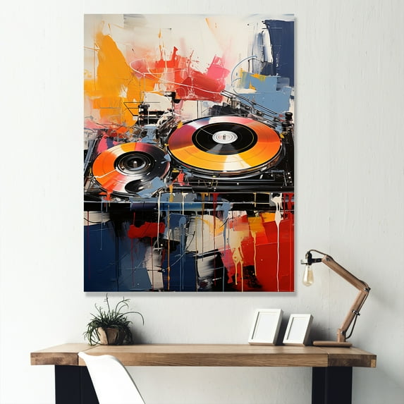 Designart "Pop Art DJ's Turntable Groove II" Fashion Canvas Wall Art - Modern Red Turntables & Boom Boxes Entryway Wall Art