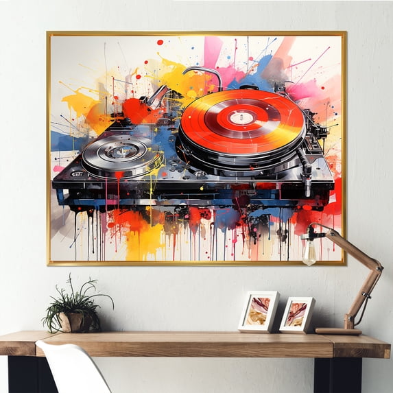 Designart "Pop Art DJ's Turntable Groove III" Fashion Framed Wall Art - Modern Red Turntables & Boom Boxes Bedroom Framed Canvas Wall Art