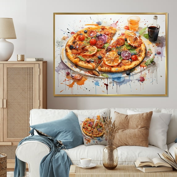 Designart "Pop Art Dinner Pizza Time" Food & Beverage Floater Framed Wall Art Living Room
