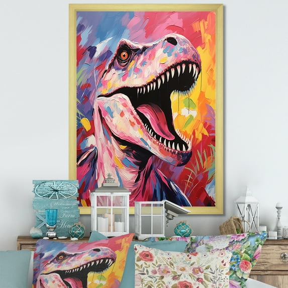 Designart "Pop Art Dino Elegance" Animals Framed Wall Art - Modern Pink Dinosaur Entryway Framed Wall Art