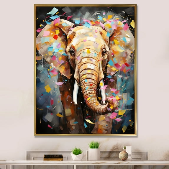 Designart "Pop Art Elephant Dreams" Animals Framed Wall Art - Traditional Grey Elephant Hallway Framed Wall Art Decor