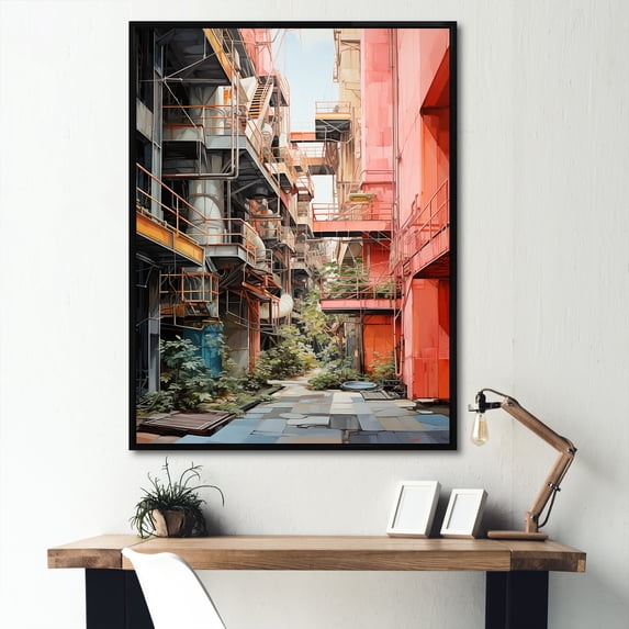 Designart "Pop Art Factory In Peachy Process" Factories Floater Framed Wall Art Living Room