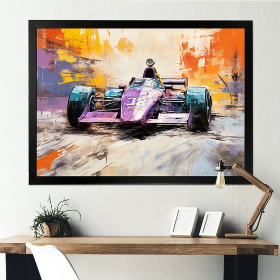 Designart "Pop Art Formula Car on the Race Track IV" Architecture Framed Wall Art Decor - Modern Purple Race Tracks Entryway Framed Wall Art Print