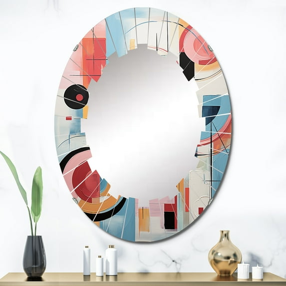Designart "Pop Art Geometric euphony I" Modern Round Wall Mirror - Fashion Oval Printed Decorative Oversized Mirror - Multiple Color Options