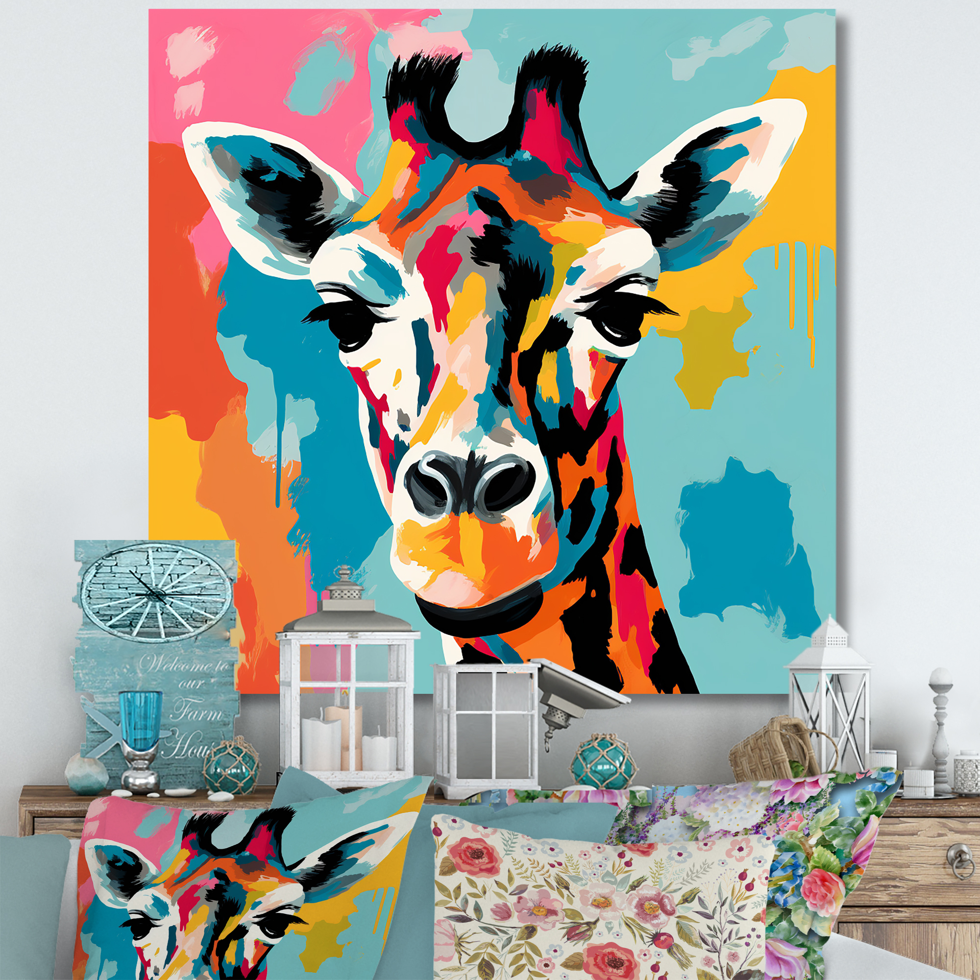 Designart "Pop Art Giraffe Portrait in Colorful Style III" Animals Wall ...