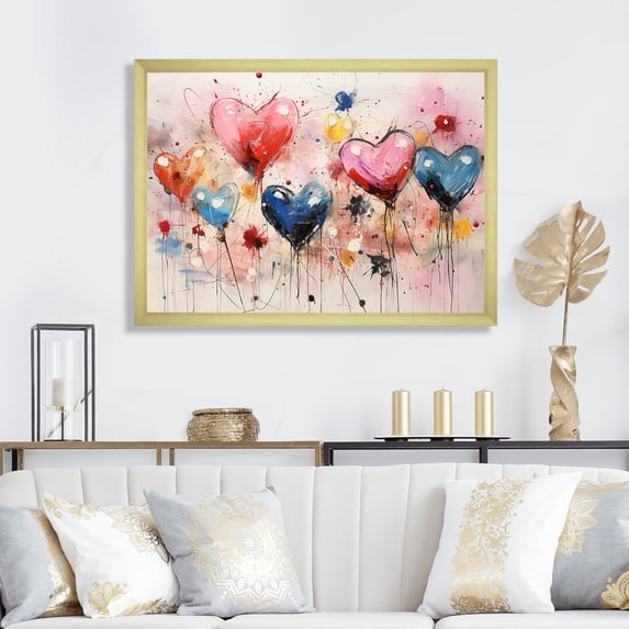 Designart "Pop Art Heart in Pink and Blue I" Fashion Framed Wall Art Decor - Glam Pink Pop Art Bedroom Framed Canvas Wall Art