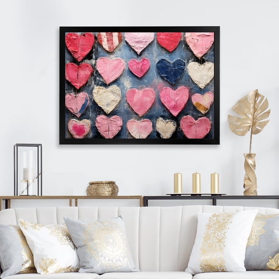 Designart "Pop Art Heart in Pink and Blue III" Fashion Framed Wall Art Decor - Glam Pink Pop Art Hallway Framed Wall Art Decor