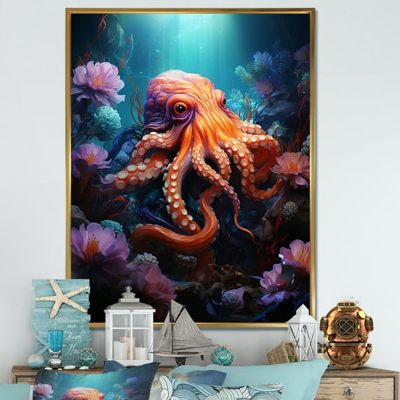Designart "Pop Art Impression Of An Octopus I" Octopus/Squid Floater Framed Canvas Prints