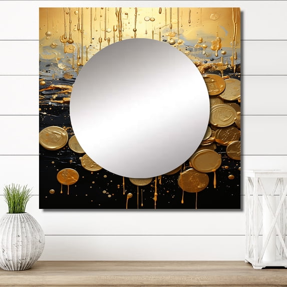 Designart "Pop Art Magic Of Money" Abstract PopArt Square Mirror For Wall Decor - Large Gold Square Printed Wall Mirror Art - Square Modern Mirror - Wall Mounted Square Large Mirror